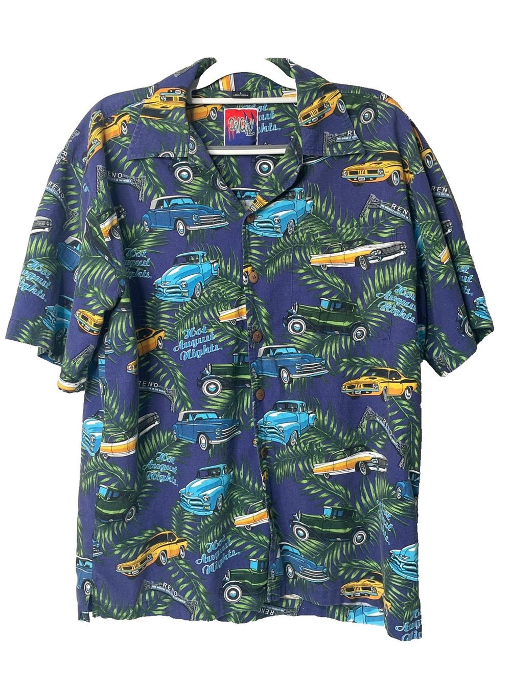 Dem Crazy Mens Large Hawaiian Shirt Hot August Nights Reno Classic Cars Rayon Bl